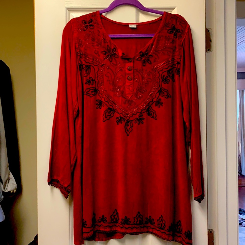 Red tunic top with black embroidery